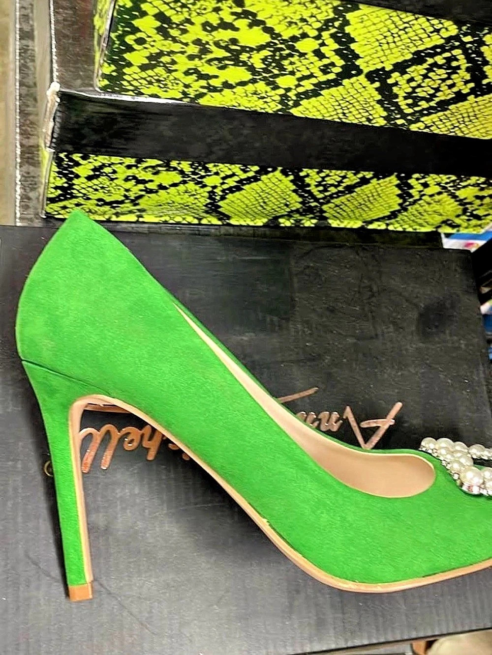 Anne Michelle Green Pearl Embellished Heels